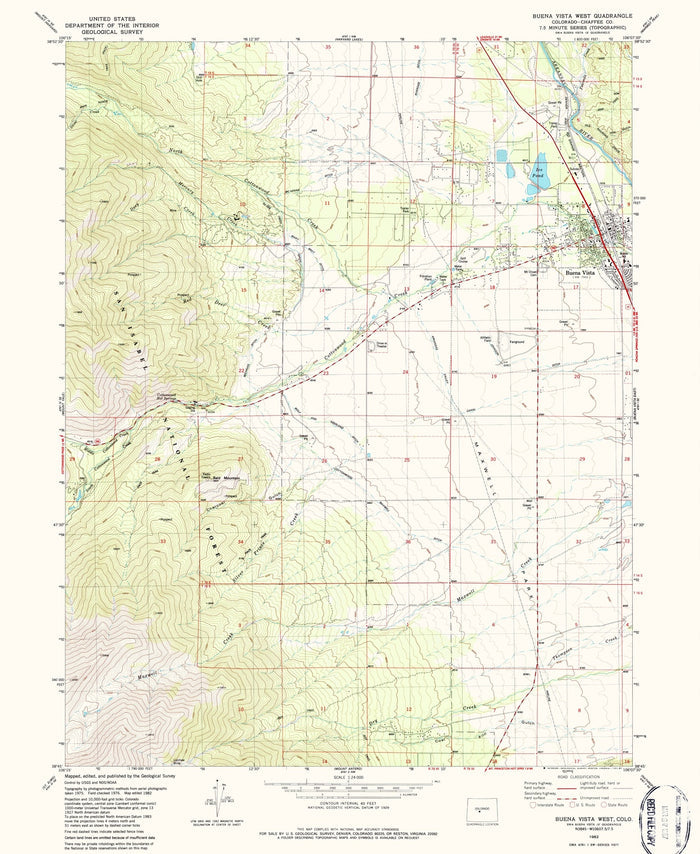 Map of Buena Vista, Colorado by USGS, 1982 – Arkansas River & Mount Princeton