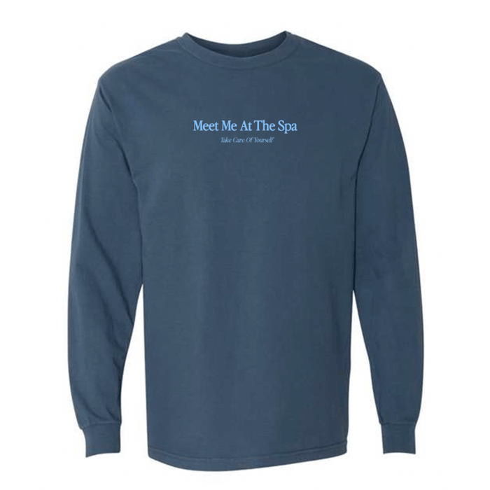 Blue long sleeve t-shirt with light blue text reading "Meet Me At The Spa Take Care Of Yourself" featuring the product name Meet Me At The Spa - Take Care Of Yourself Long Sleeve T-Shirt | Lucky Owl.