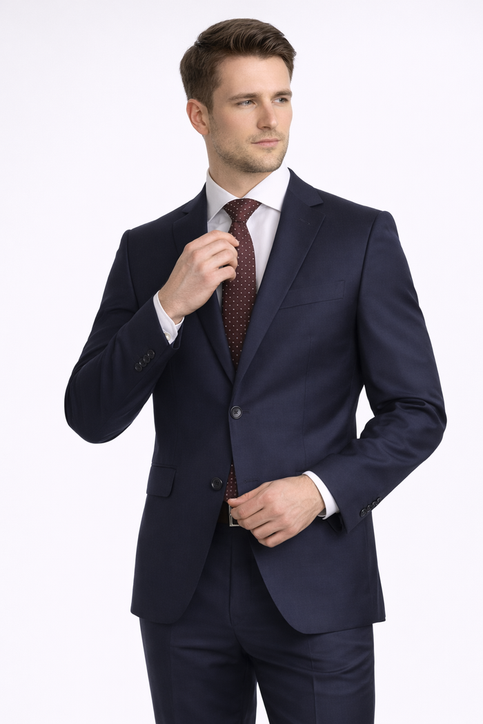 Mens Classic Fit Navy Blue Two Button 100% Wool Suit