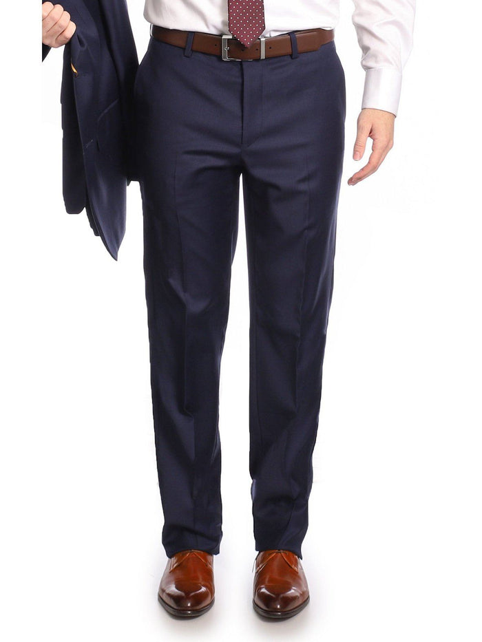 Mens Classic Fit Solid Navy Blue Flat Front Wool Dress Pants - The Suit Depot