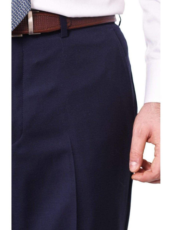 Mens Classic Fit Solid Navy Blue Flat Front Wool Dress Pants - The Suit Depot