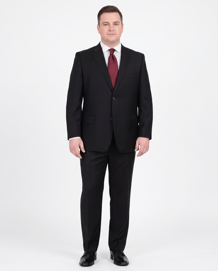 Men's Portly Fit Executive Cut Solid Black Two Button 2 Piece Wool Suit