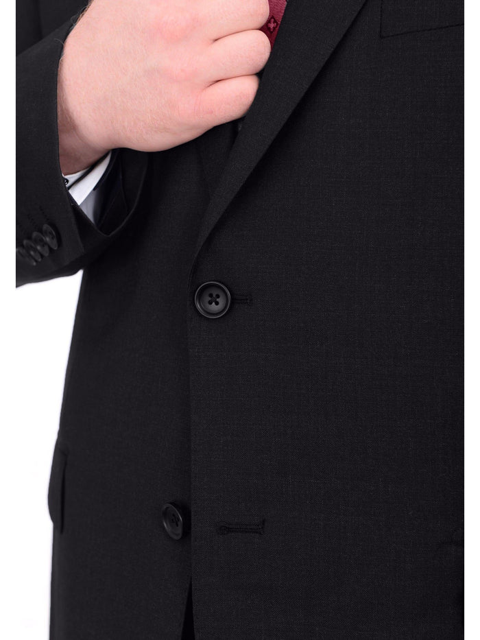 Men's Portly Fit Executive Cut Solid Black Two Button 2 Piece Wool Suit - The Suit Depot