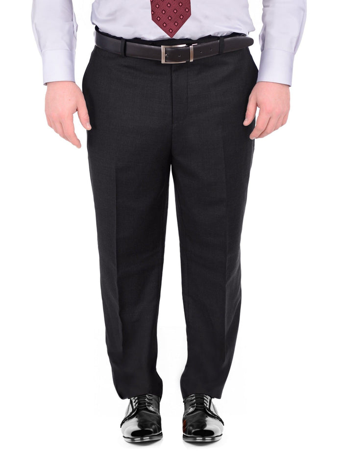 Men's Portly Fit Executive Cut Solid Black Two Button 2 Piece Wool Suit - The Suit Depot