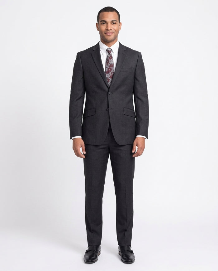 Mens Slim Fit Two Button 100% Wool Suit - Charcoal Gray