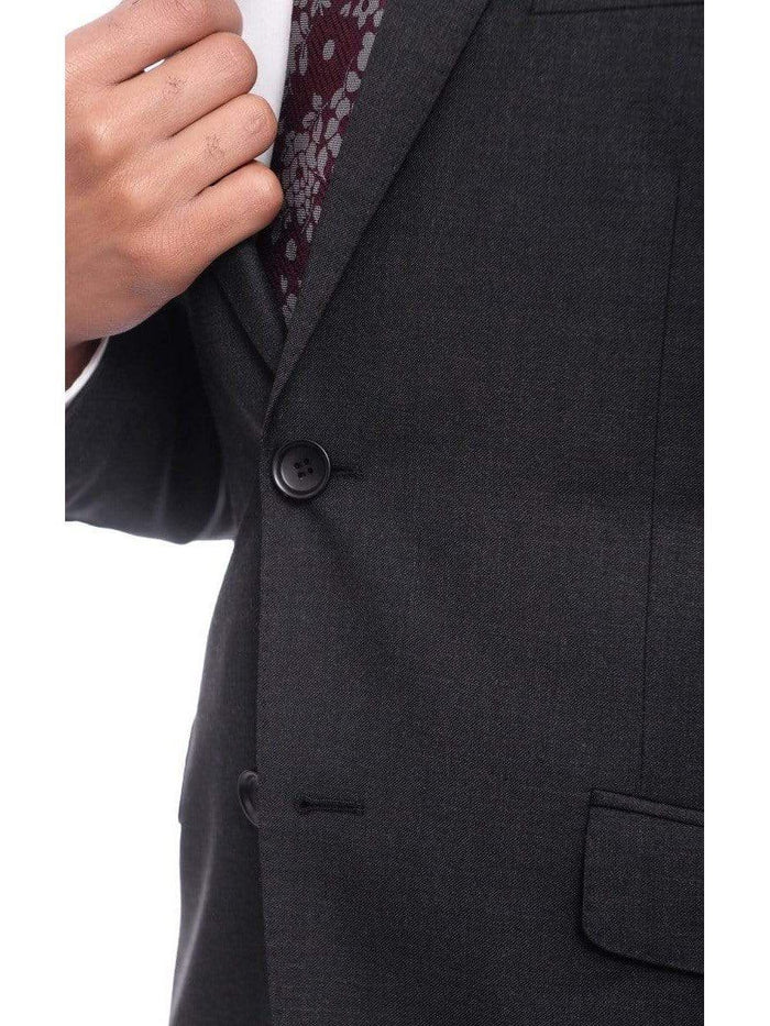 Mens Slim Fit Two Button 100% Wool Suit - Charcoal Gray