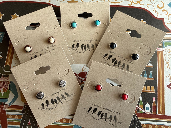 Mini stud earrings assortment on cards, featuring five metal tones with small round stones.