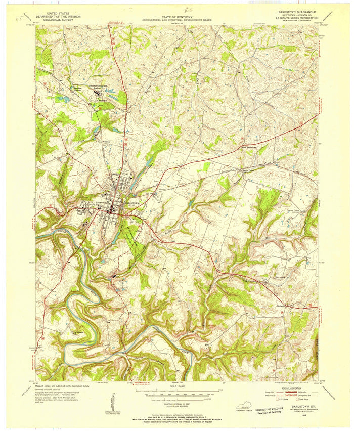 Old Map of Bardstown, Kentucky by USGS, 1953 – Nelson County, Rolling Fork River & Beech Fork River