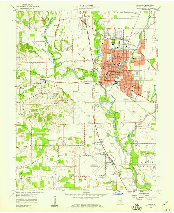 Old Map of Columbus, Indiana by USGS, 1958 – White River, Haw Creek & Bartholomew County