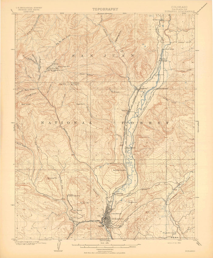 Old Map of Durango, Colorado by USGS, 1908 – Animas River, Silverton & San Juan National Forest