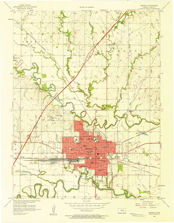 Old Map of Emporia, Kansas by USGS, 1957 – Cottonwood River & Flint Hills