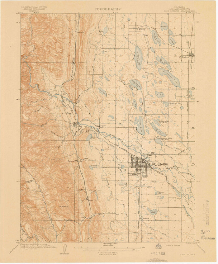 Old Map of Fort Collins, Colorado by USGS, 1908 – Wellington & Cache la Poudre River