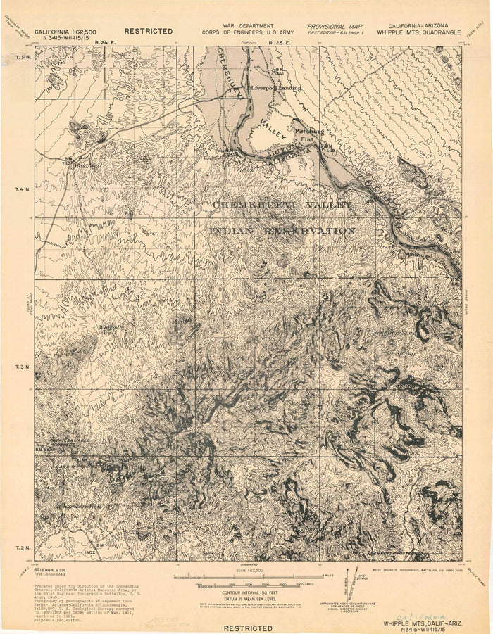Old Map of Lake Havasu City, Arizona by USGS, 1943 – Colorado River & Whipple Mountains
