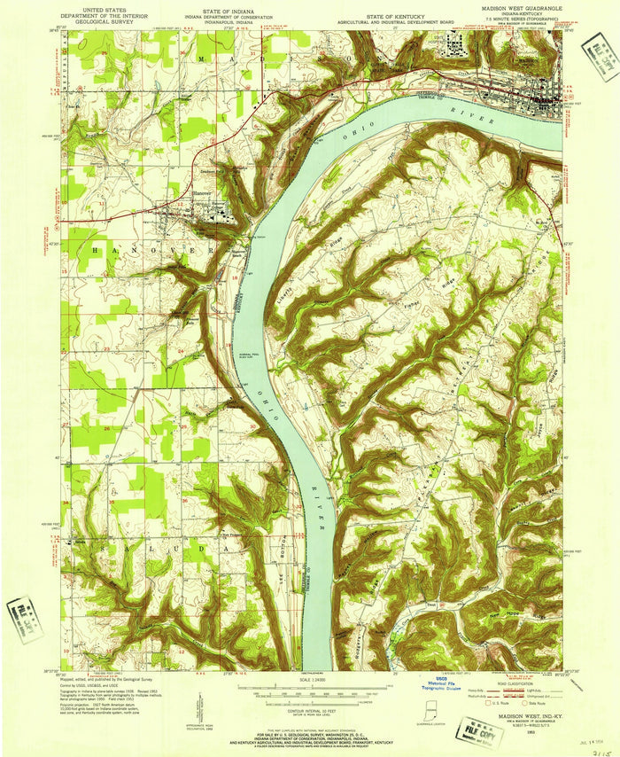 Old Map of Madison, Indiana by USGS, 1953 – Hanover, Ohio River & Clifty Falls State Park