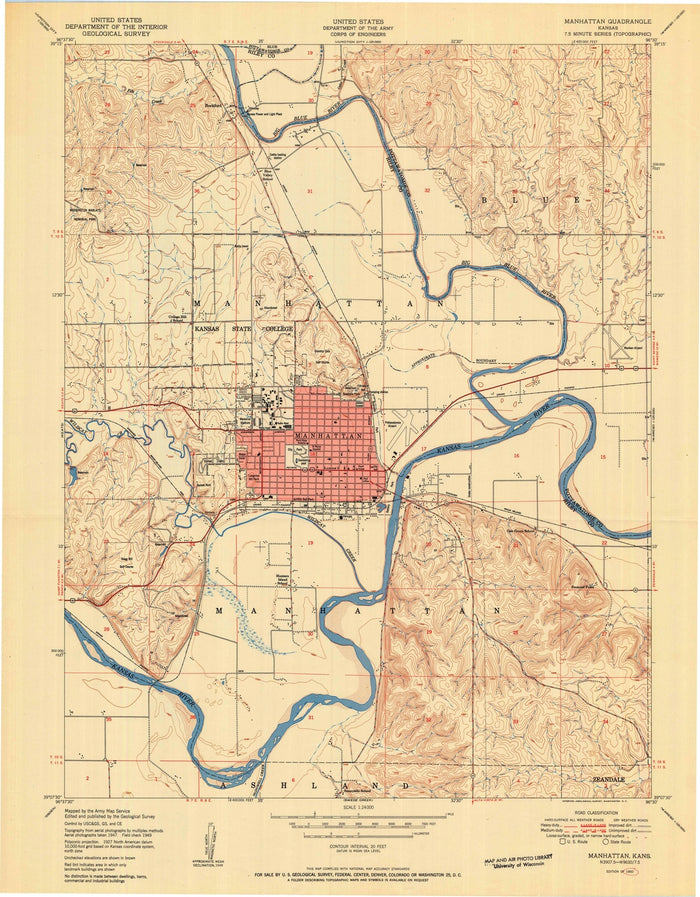 Old Map of Manhattan, Kansas by USGS, 1950 – Kansas State College & Kansas River