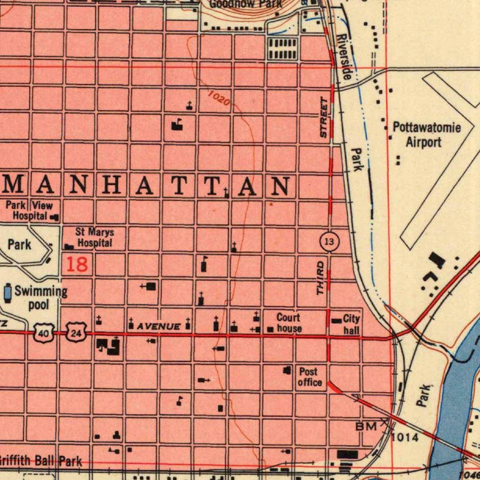 Old Map of Manhattan, Kansas by USGS, 1950 – Kansas State College & Kansas River