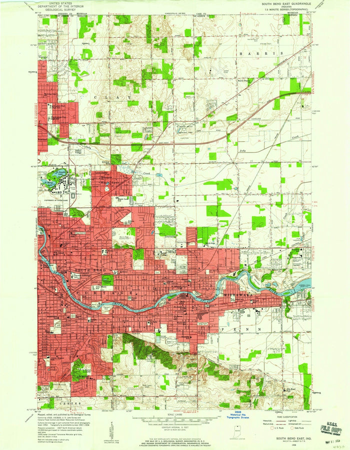 Old Map of Notre Dame, Indiana by USGS, 1958 – South Bend, Mishawaka & St. Joseph River