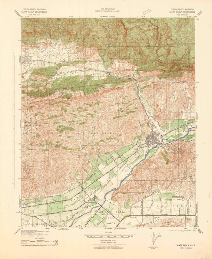 Old Map of Ojai, California by USGS, 1942 – Santa Paula & Santa Clara River