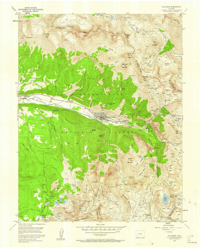 Old Map of Telluride, Colorado, 1955 by USGS – San Juan Mountains & Bridal Veil Falls
