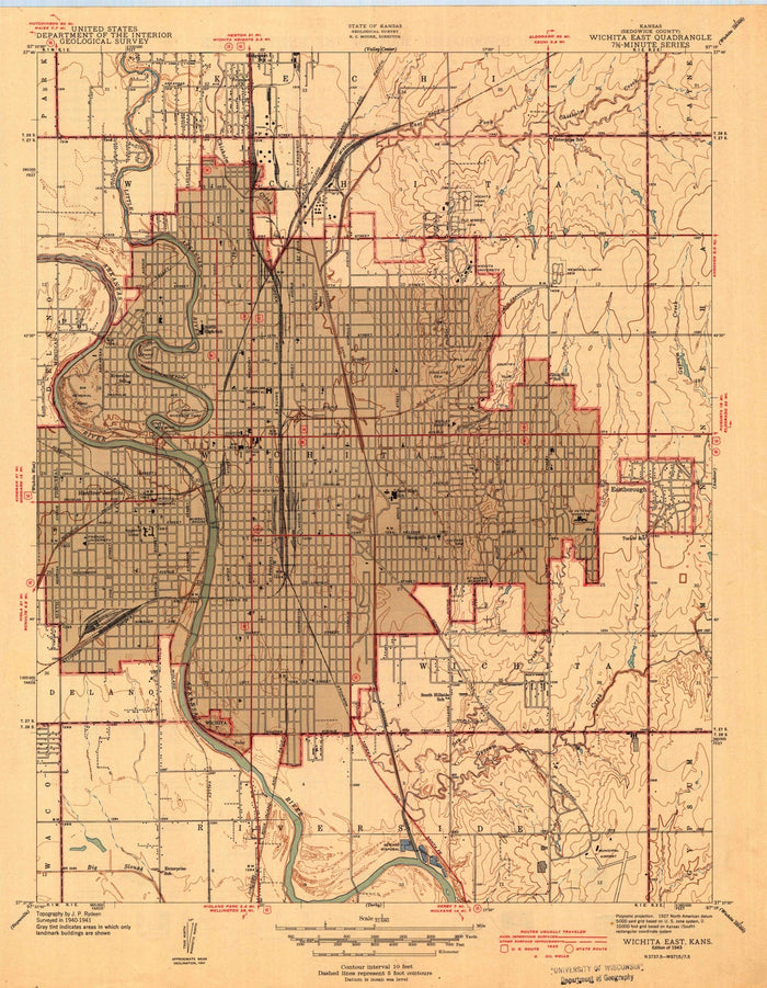 Old Map of Wichita, Kansas by USGS, 1943 – Arkansas River, College Hill & Eastborough