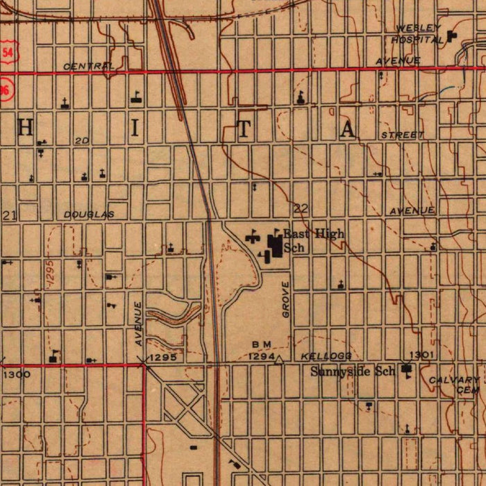 Old Map of Wichita, Kansas by USGS, 1943 – Arkansas River, College Hill & Eastborough