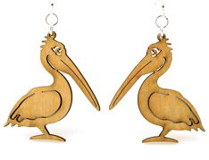 Pelican earrings with pouched bill, eco-friendly laser-cut jewelry made in USA
