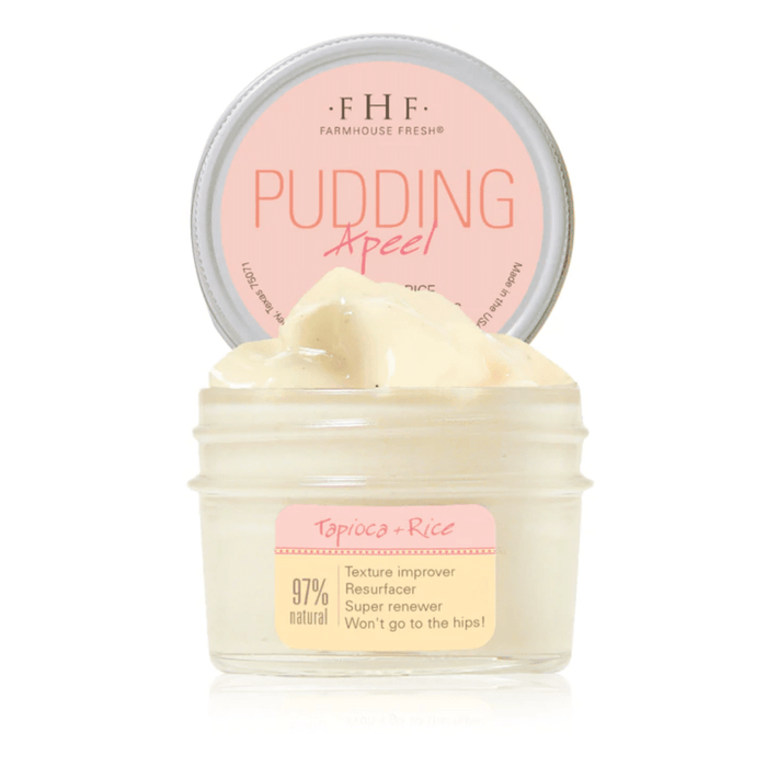 Open jar of Pudding Apeel® Tapioca + Rice Active Fruit Glycolic Mask | FarmHouse Fresh with creamy textured skincare product visible inside, labeled as a texture improver and resurfacer.
