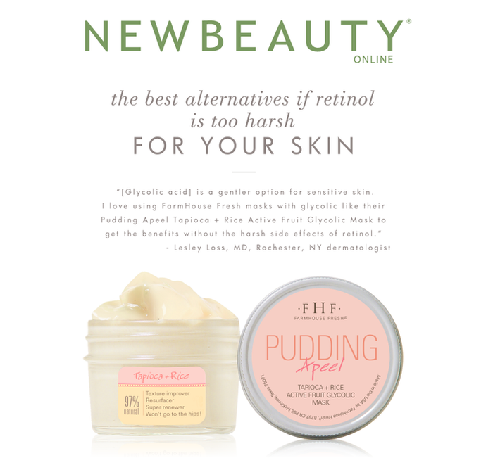 Open jar and lid of Pudding Apeel® Tapioca + Rice Active Fruit Glycolic Mask | FarmHouse Fresh showing creamy beige skincare mask with label highlighting natural ingredients and texture benefits.