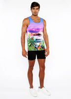 Purple/Fuchsia Tropics Printed Stretch Mesh Tank Top St-11134