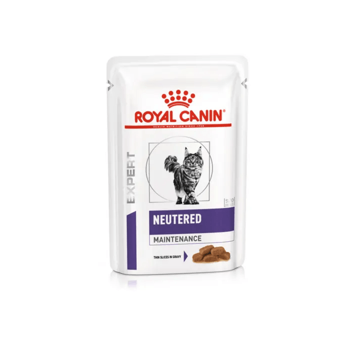 White background with a pouch of wet cat food with an long haired tabby cat pictured on the packet, text on the pouch says 'Royal Canin Expert, Neutered Maintenance, Thin slices in gravy.'