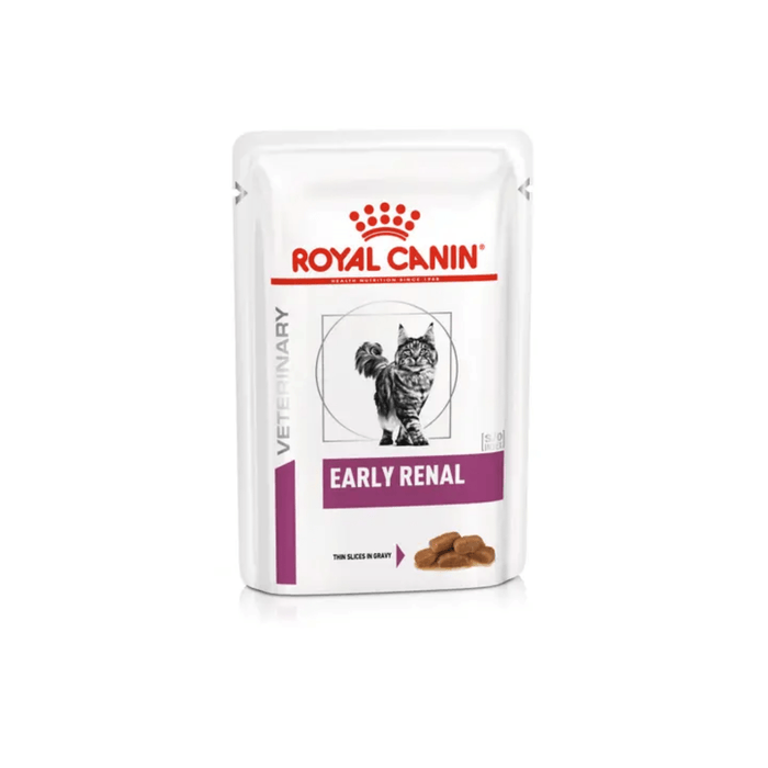 White background with a pouch of wet cat food with an long haired tabby cat pictured on the packet, text on the pouch says 'Royal Canin Veterinary, Early Renal, Thin slices in gravy.'