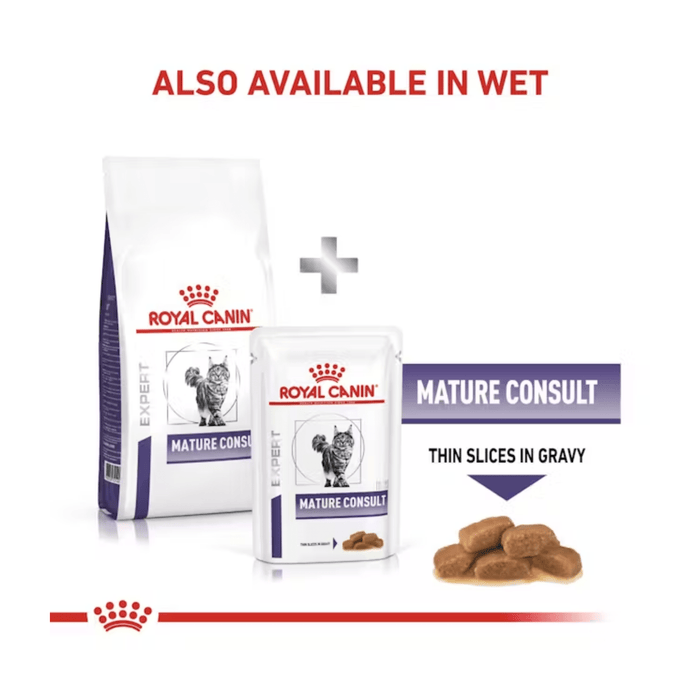 A bag of Royal Canin mature dry food is pictured next to a sachet of Royal Canin Mature wet food. Text above states 'Also available in Wet'.
