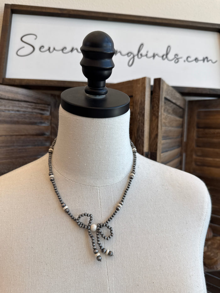 Silver White Pearl Bow Necklace