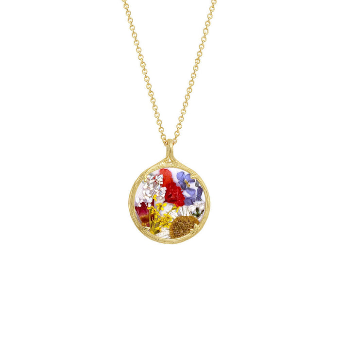 Small Botanical Necklace | Catherine Weitzman Jewelry featuring a delicate gold chain and round pendant with preserved colorful flowers inside for a natural, elegant look.