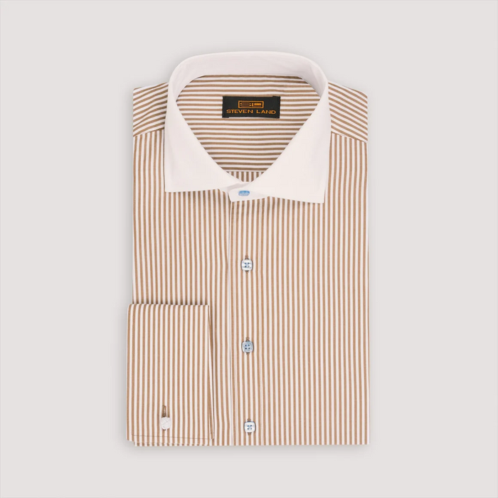 Steven Land Mens Brown Striped 100% Cotton French Cuff Cutaway Collar Dress Shirt