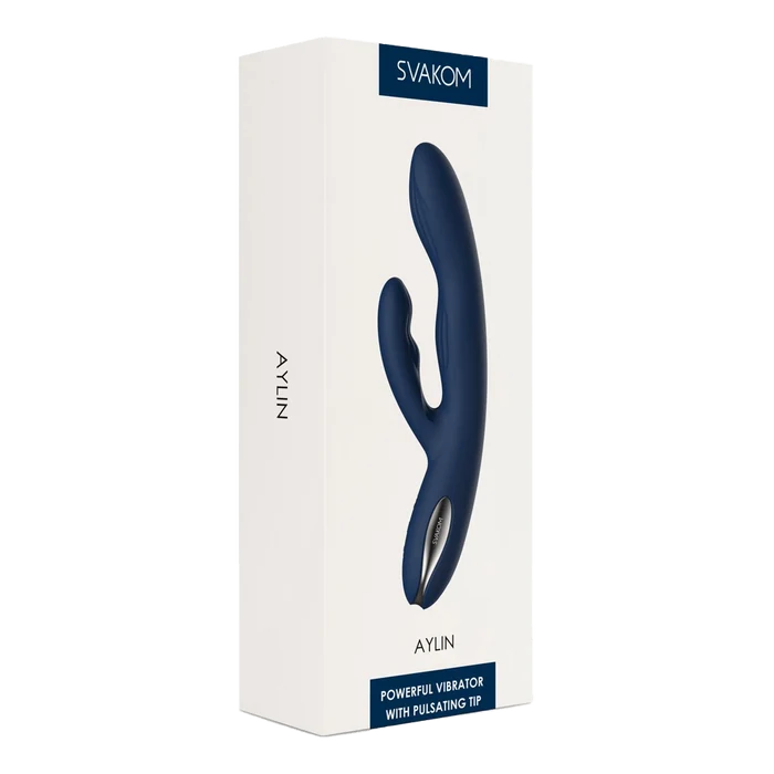Svakom Aylin produktboks med illustrasjon av blå fleksibel vibrator og pulserende spiss