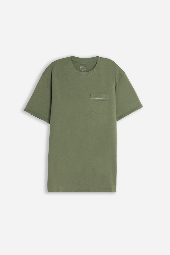 T-SHIRT GIROCOLLO SLUB  CON TASCHINO VERDE MILITARE