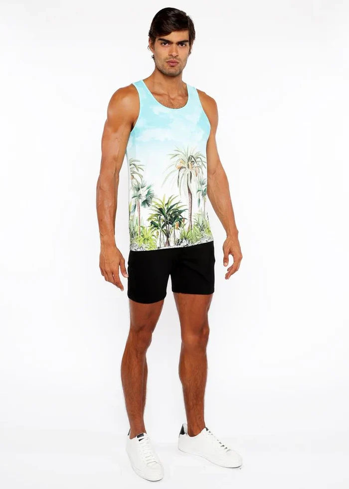 Teal/Green Palm Trees Printed Stretch Mesh Tank Top St-11136