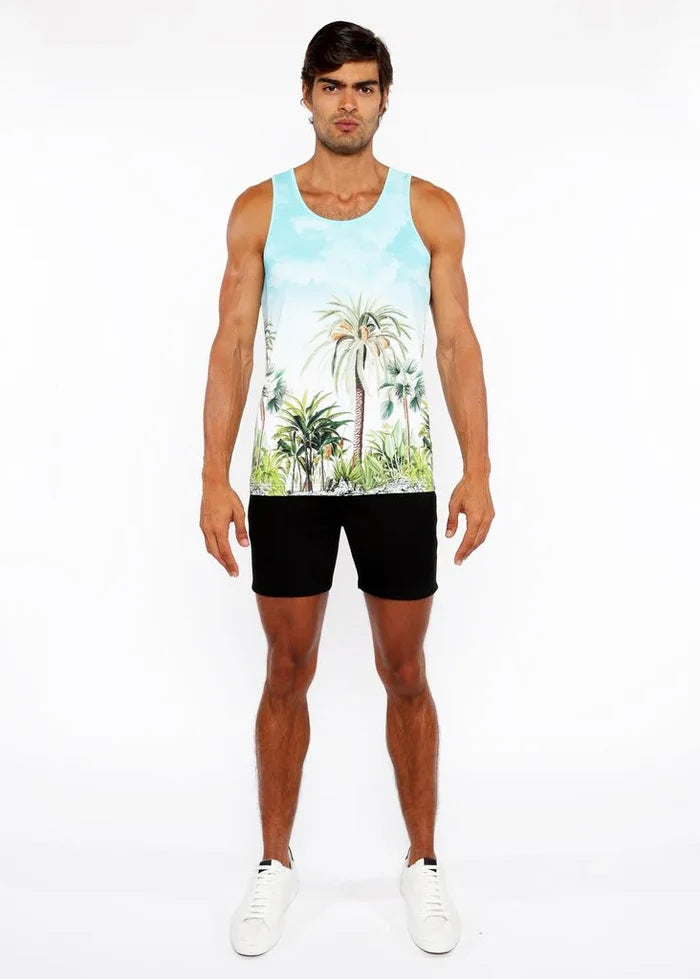 Teal/Green Palm Trees Printed Stretch Mesh Tank Top St-11136