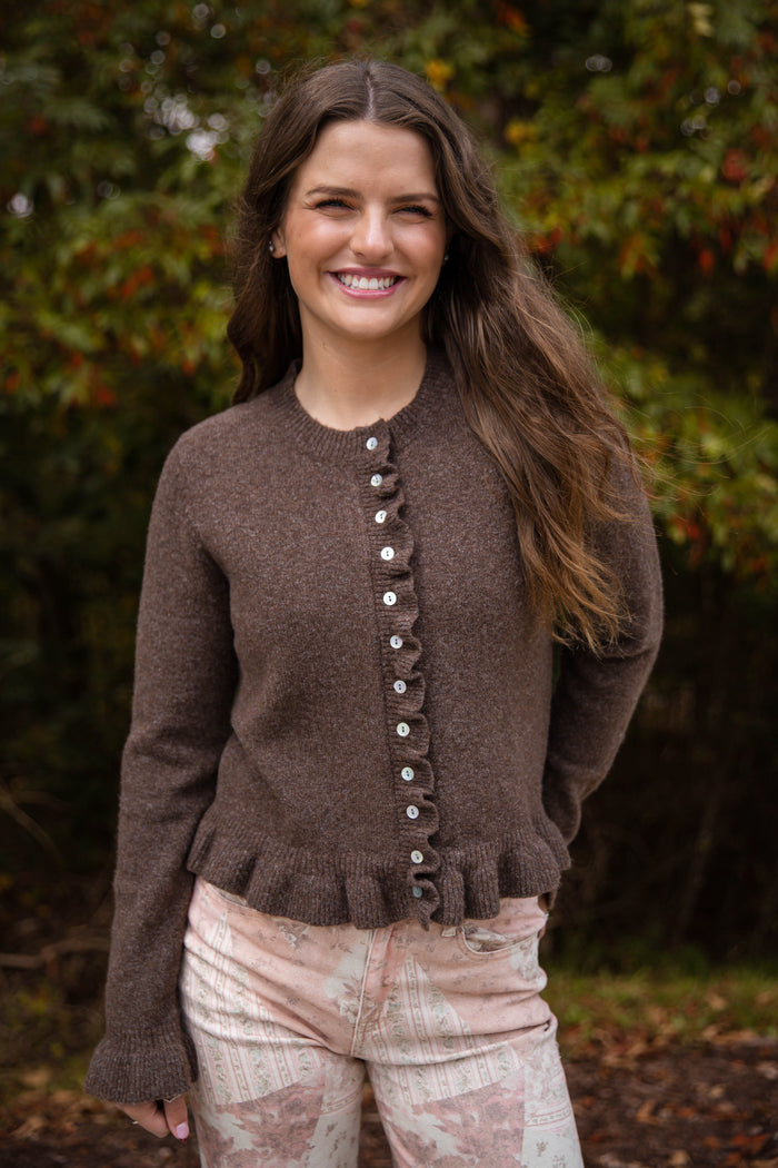 Textured Frill Detail Cardigan- Women's Brown Ruffle Cardigan- Women's Tailored Fit Cardigan