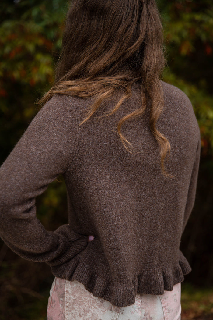 Textured Frill Detail Cardigan- Women's Brown Ruffle Cardigan- Women's Tailored Fit Cardigan