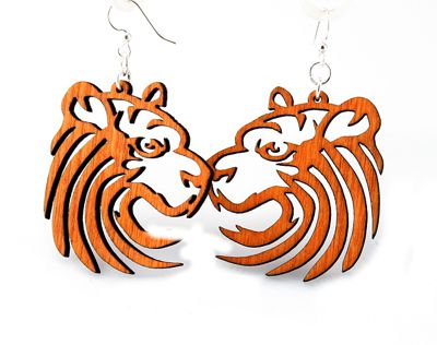 Tiger face earrings with stripes, eco-friendly laser-cut jewelry made in USA