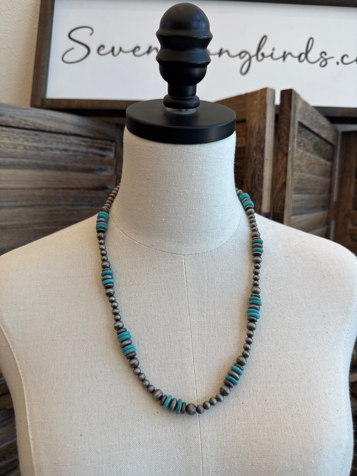 Turquoise Rounds & Silver Pearl Necklace
