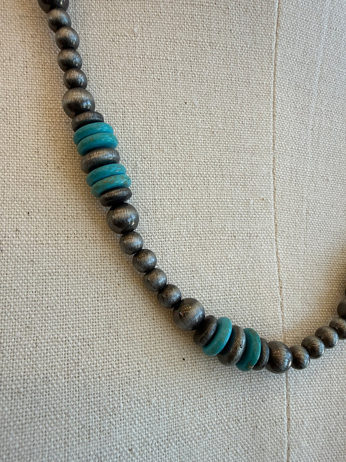 Turquoise Rounds & Silver Pearl Necklace