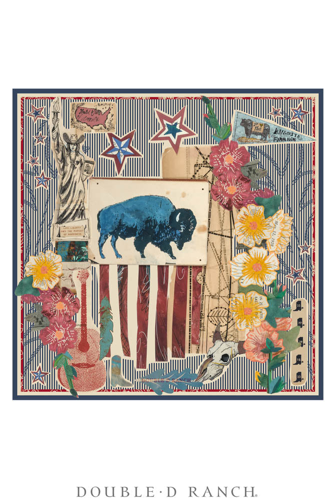Silk scarf with Americana map, buffalo, stars, stripes, and floral accents