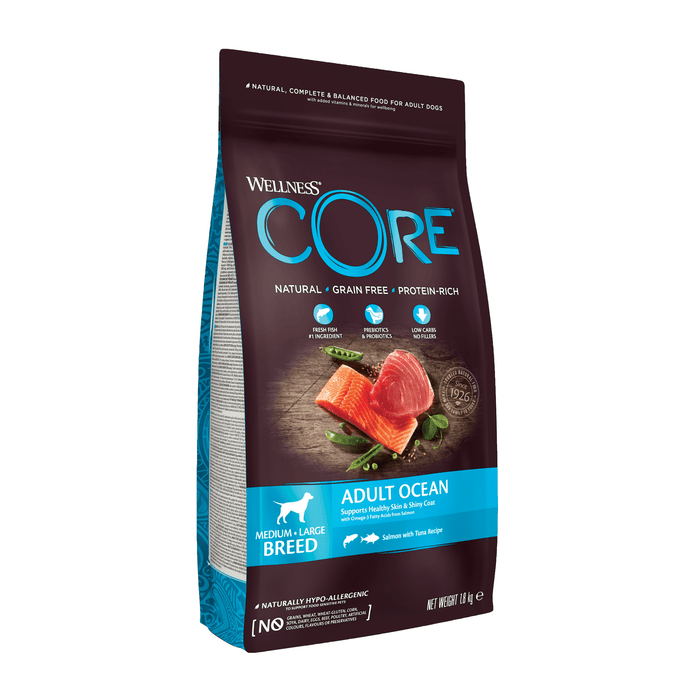 White background with a picture of a bag of Wellness CORE Ocean Dog Food. On the bag is pictures of Salmon fillet, tuna fillet and peas. The text on the bag 'Wellness CORE, Natural, Grain Free, Protein-Rich' and 'Adult, Medium/Large breed, Original, Salmon with Tuna Recipe'.