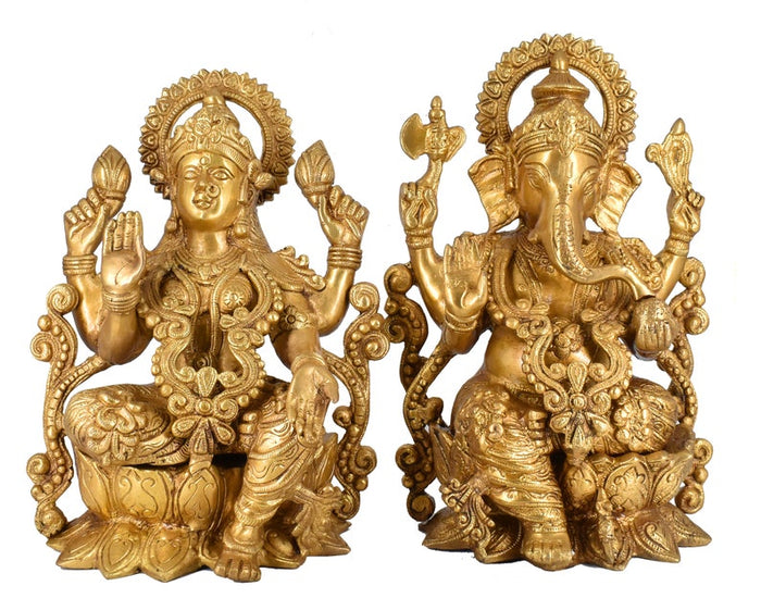 White Whale Brass Laxmi Ganesh Set Idol Showpiece - Brass Gold Finish Lakshmi Ganesha Idols Statue for Diwali Gifts Puja Home Decor Figurine