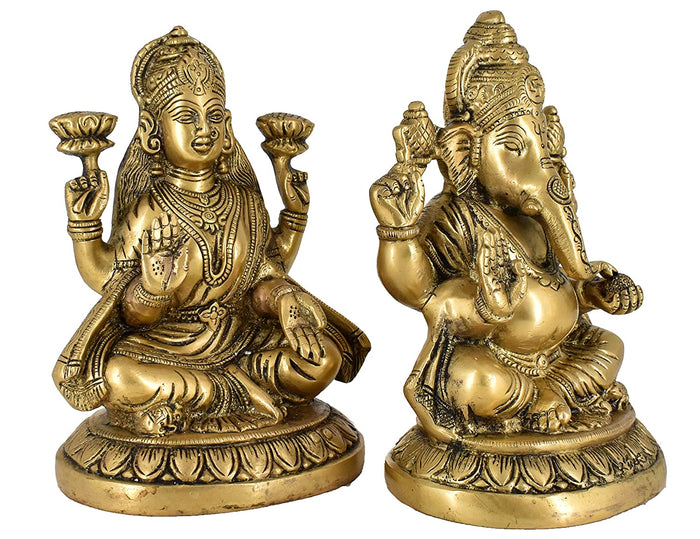 White Whale Brass Laxmi Ganesh Set Idol Showpiece - Brass Gold Finish Lakshmi Ganesha Idols Statue for Diwali Gifts Puja Home Decor Figurine