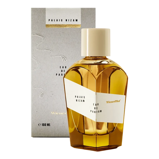 WienerBlut Palais Nizam Eau de Parfum i gyllen flaske med grå eske og teksturert design