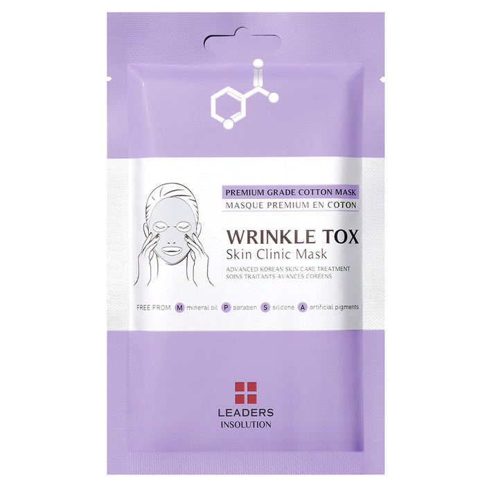 Packaging of Wrinkle Tox Skin Clinic Mask | Leaders in pastel purple, highlighting premium grade cotton mask for advanced Korean skincare treatment.